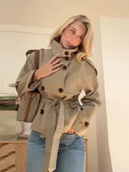 Autumn Chic Women's Double Breasted Cropped Trench Coat with Stand Collar - S (Khaki)