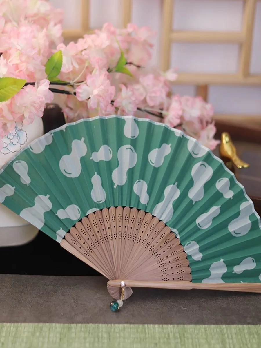 Green Gourd Pattern Chinese Folding Fan - Elegant Vintage Handheld Fan for Women, Summer Hanfu Cheongsam Zen Fan with Tassel