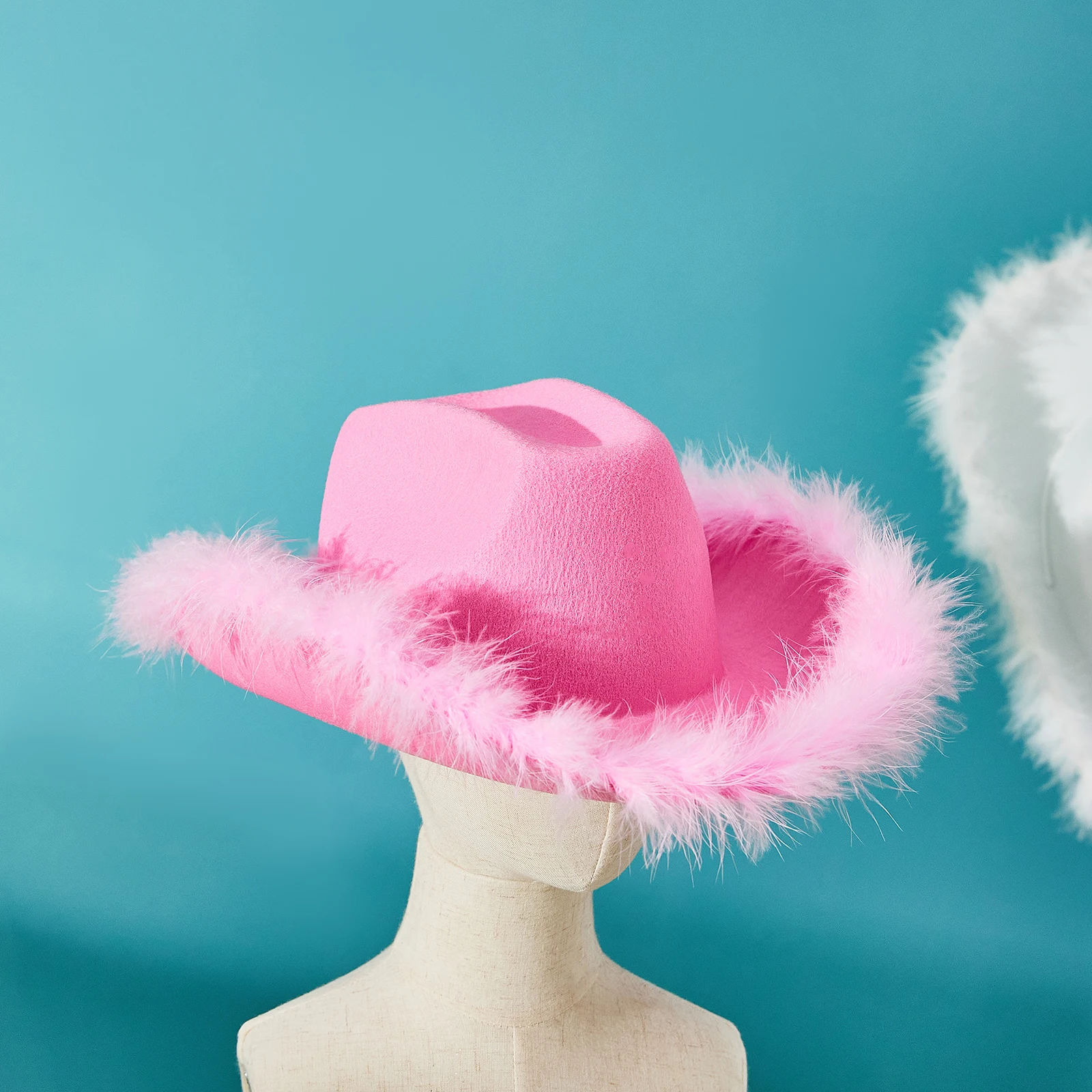 Cowboy Hat Adult Solid Color Fluffy Feather Trim Felt Wide Brim Cowgirl Hat Fashion Female Cap Dating Party cowgirl hats cowboy hats