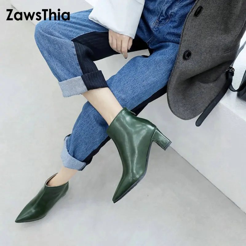 

QPLYXCO botines mujer 2020 new winter pointed toe med heels woman pumps stiletto shoes green russian zip ankle boots size 47 48