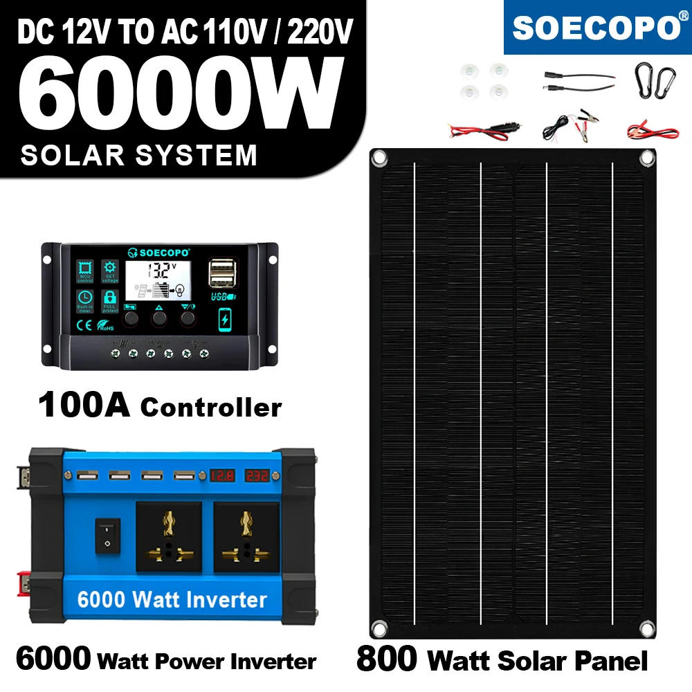 6000W Solar Power Supply 800W Panel 100A Controller 12V DC to AC 110V/220V Alligator Clips Cigarette Lighter for Car Boat CE FCC