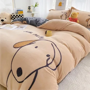 2024 new towel embroidered sticker embroidered milk fleece four-piece set thickened 220g winter warm bed sheet kit