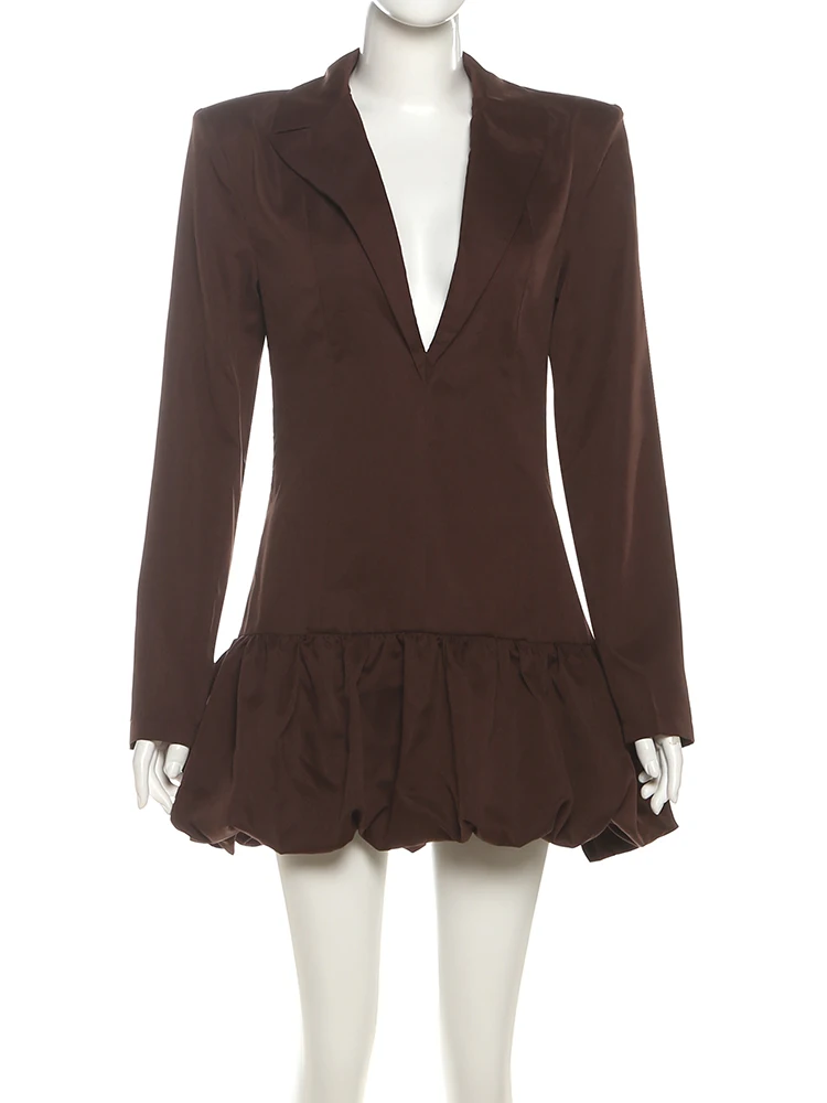 Nibber Puffy Hem Dress Women v-Neck Long Sleeve Folds Patchwork Office Style Street Elegant Skinny Business Party Mini Bodycon