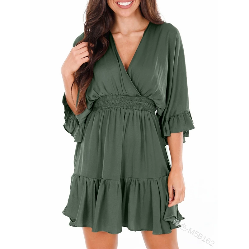 

Women's Dress Summer Pleated Stitching High Waist Dress Women's Casual Loose Half Flare Sleeve V-neck Solid Color Mini Dress