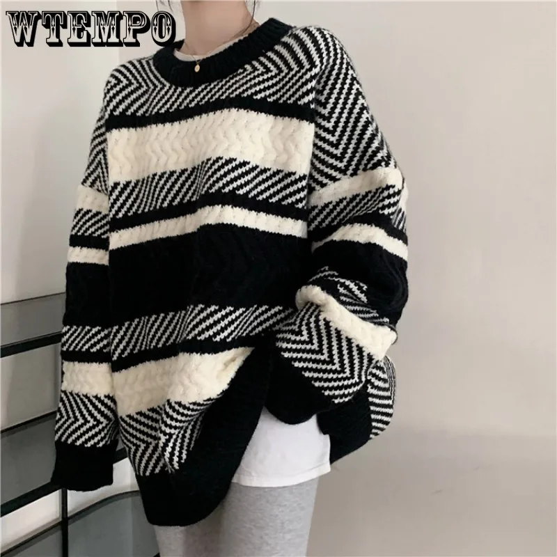 

Striped Knitted Sweater Women Winter Autumn Korean Short Pullover Jumpers Ladies Loose O-Neck Long Sleeve Knitting Tops Female