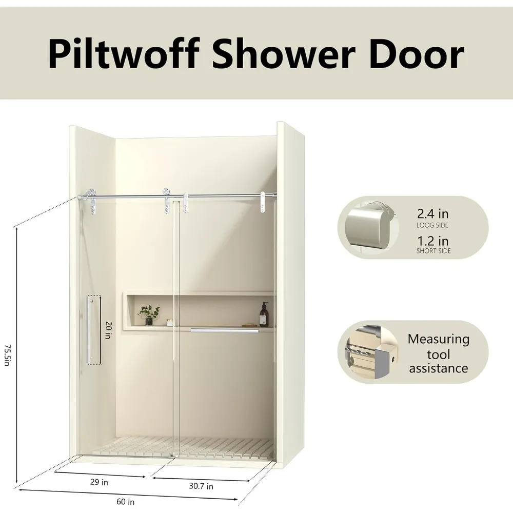 Shower Door, 56-60 in. Wide,Clear Tempered Glass and Seal with Handle and Stainless Steel Hardware,Frameless Sliding Shower Door 3