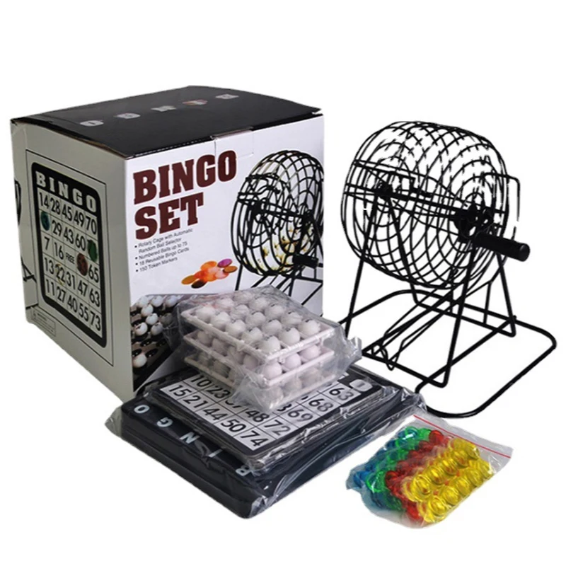 Bingo Set Bingo Cage Main Board 18 Mixed Cards 75 Calling Balls Color Chips For Large Groups Parties