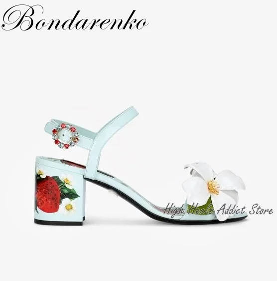 

Embroidery Painted Heel lambskin Sandals for Women Flower Decor Chunky Heel Open Toe Leather Sandals Luxury Designer Brand Shoes