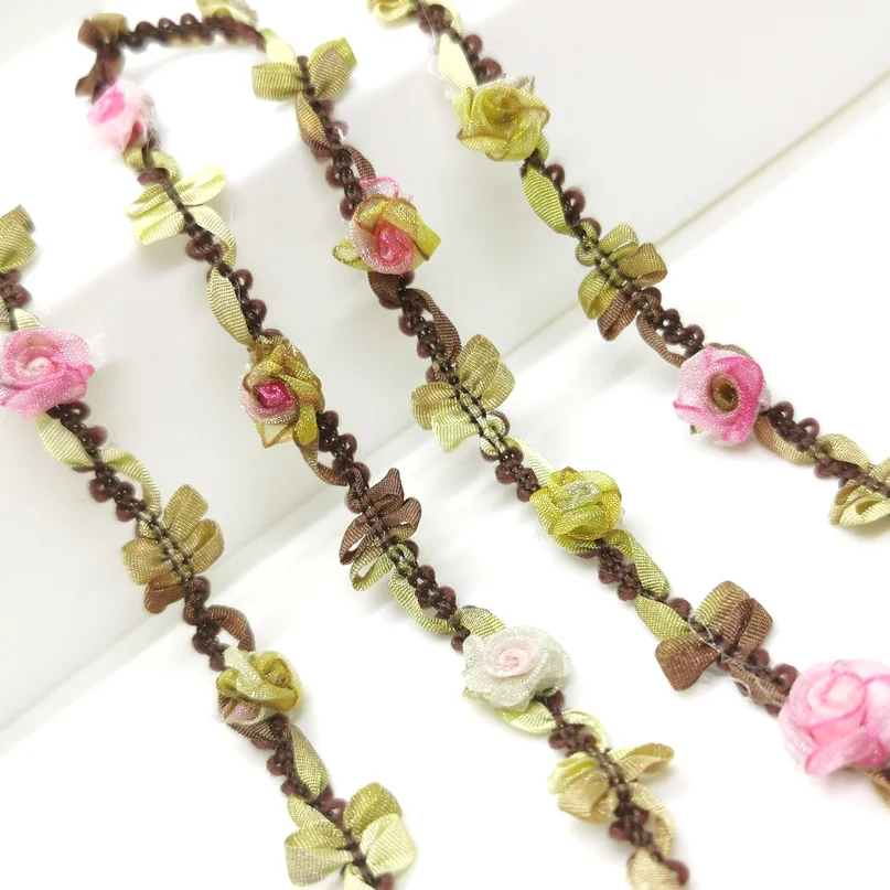 2 Yards Woven Rococo Ribbon Trim with Rose Flower Buds Decorative Floral Ribbon Scrapbook Materials Clothing Craft Supplies