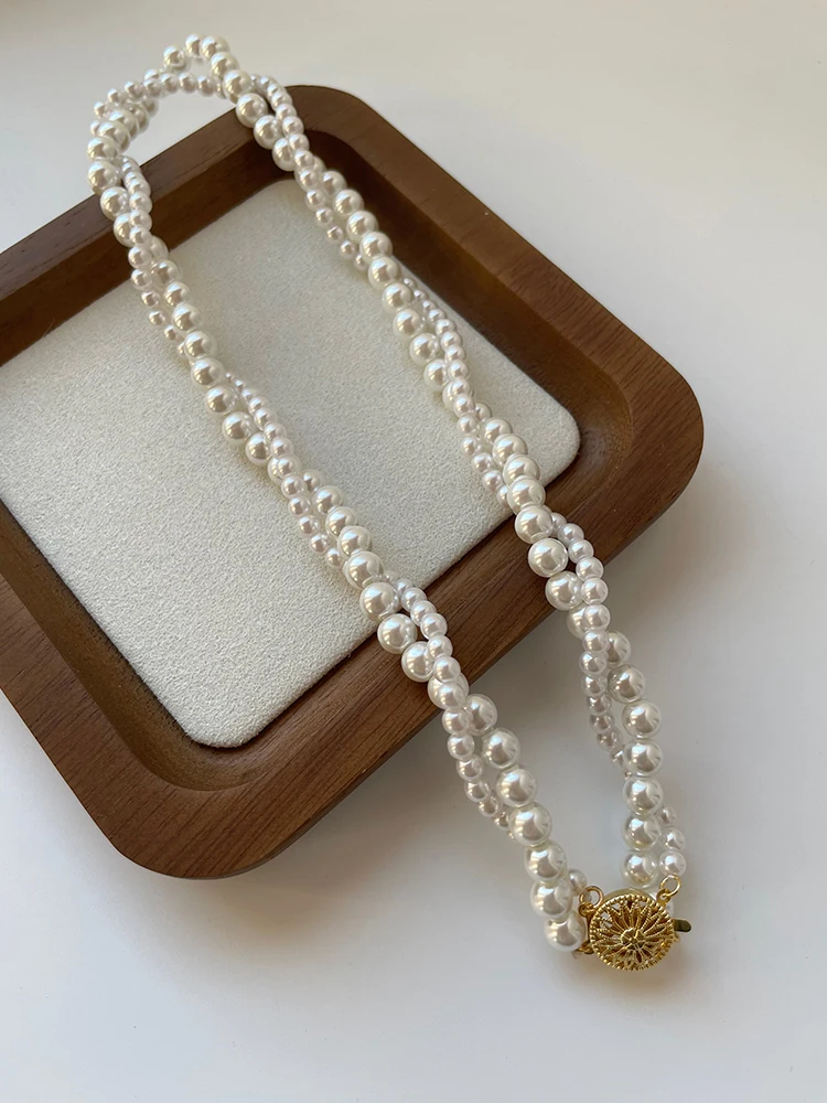 French elegant gentle double-layer winding pearl necklace round pendant sweater chain