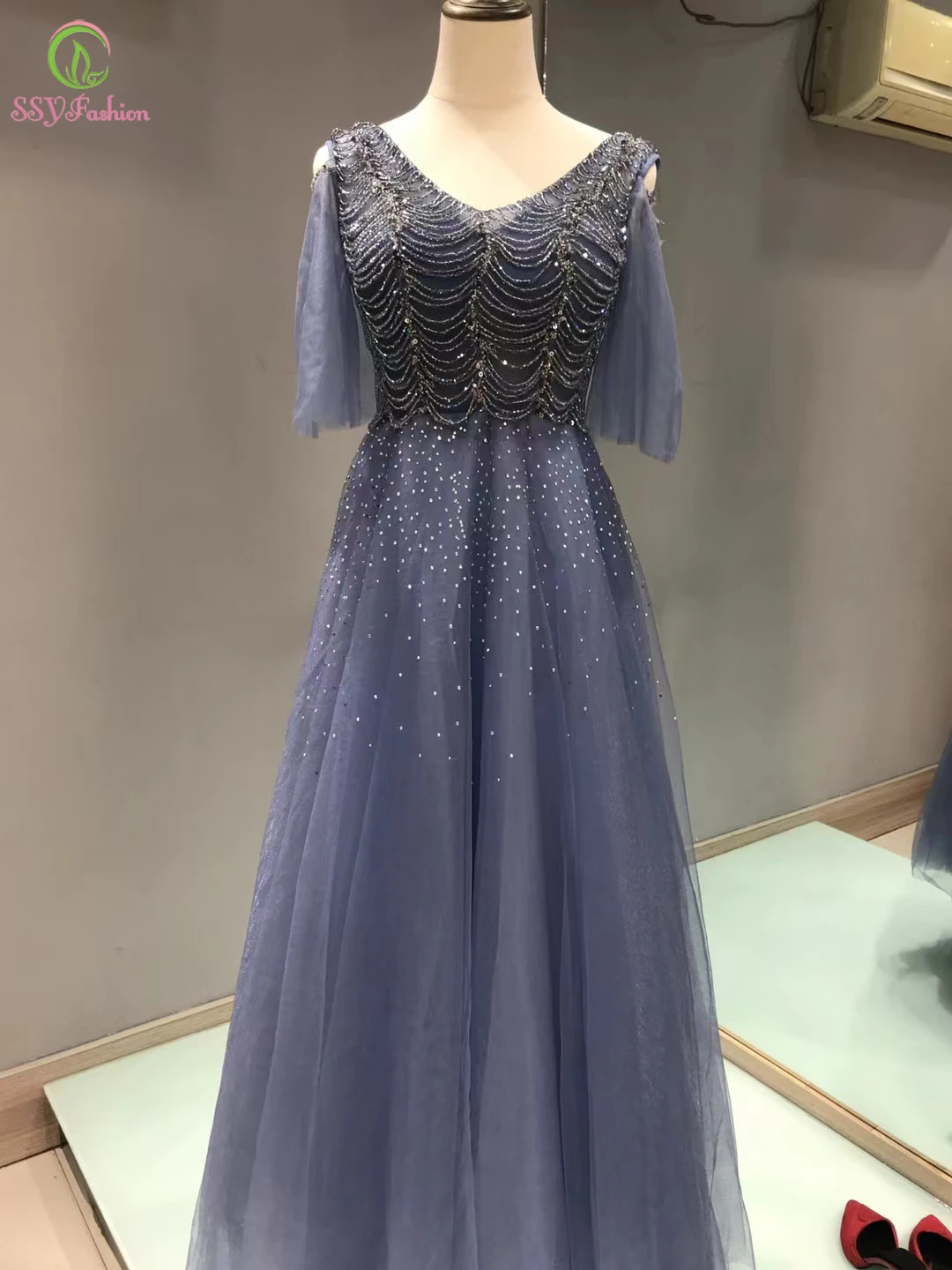 

SSYFashion Banquet Elegant Navy Blue Evening Dress for Women V-neck A-line Sequins Beading Long Formal Gowns Vestidos De Noche