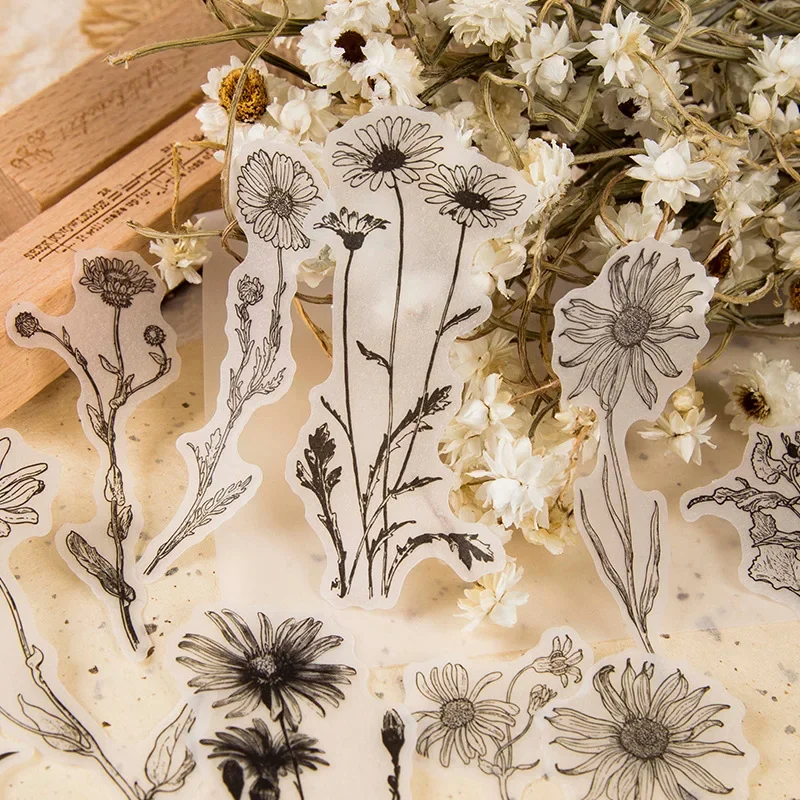 20/pcs Vintage Black White Plants Craft Stickers Junk Journal Retro Diary Album Scrapbooking Decorative Mushroom Daisy Stickers