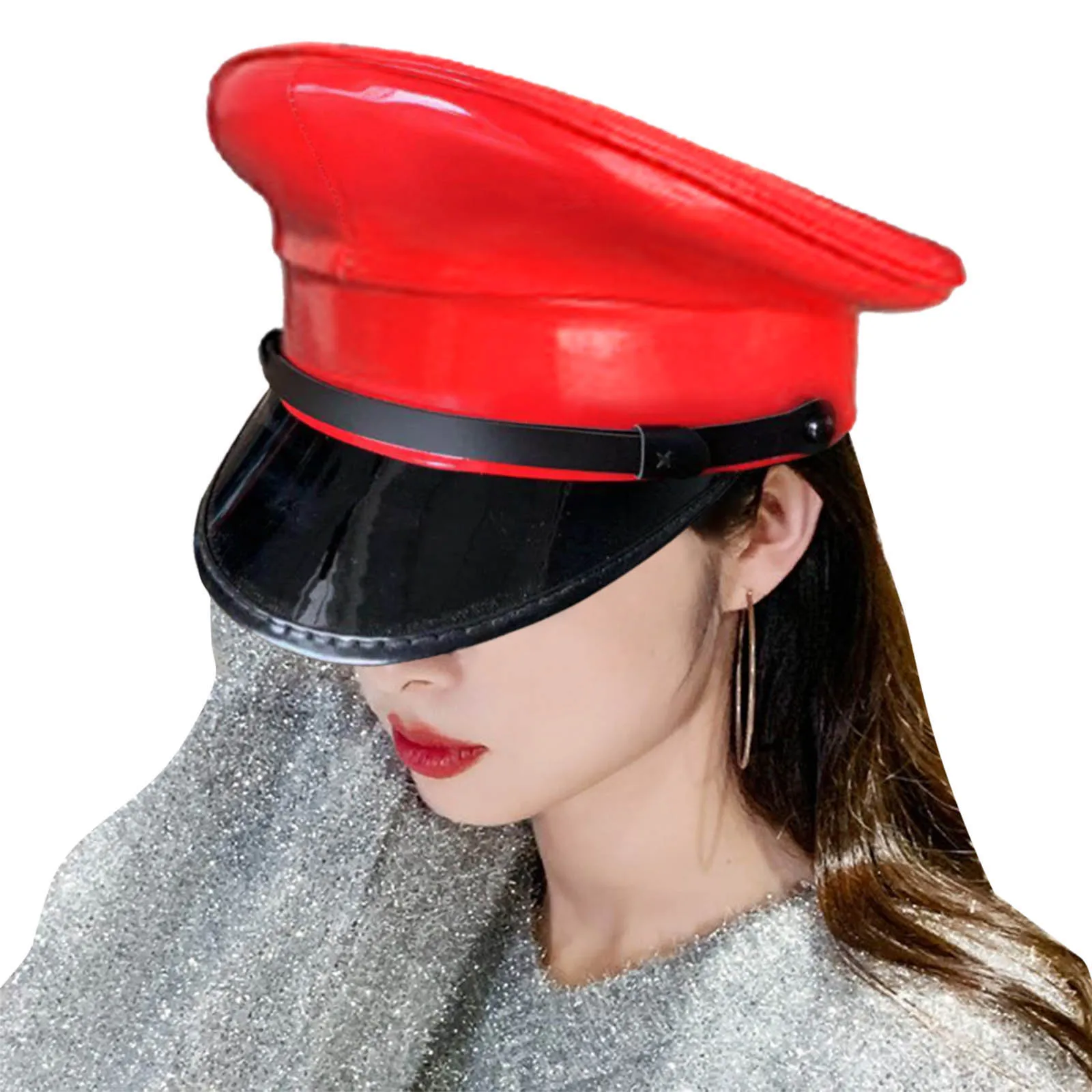 Cosplay Hat PU Leather for Halloween and Nightclub Events Women Captain Hat Prom Performance