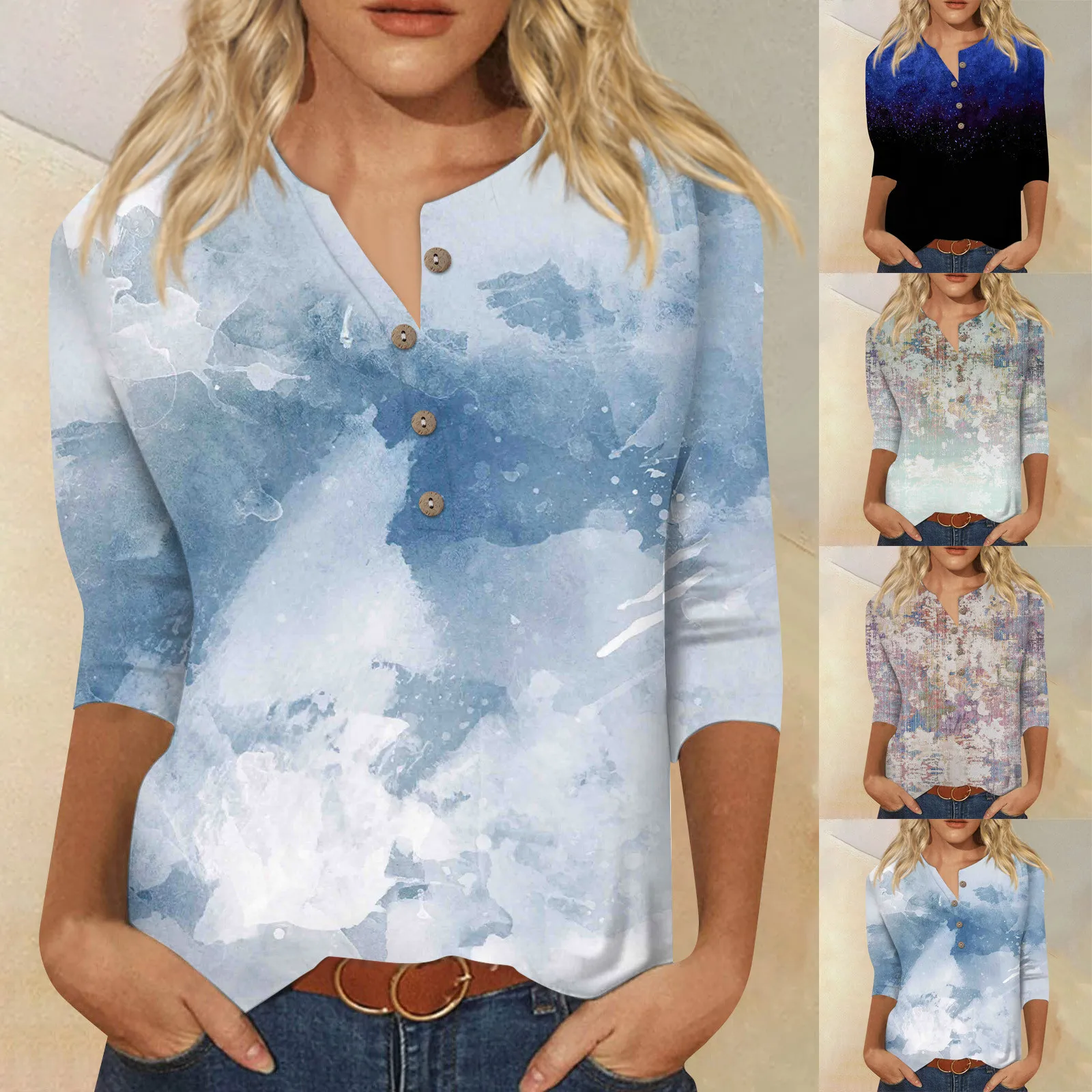 3/4 Sleeve Shirts For Women Cute Flowers Print Graphic Tees Blouses Casual Plus Size Basic Tops Pullover Flower Printed Moletom