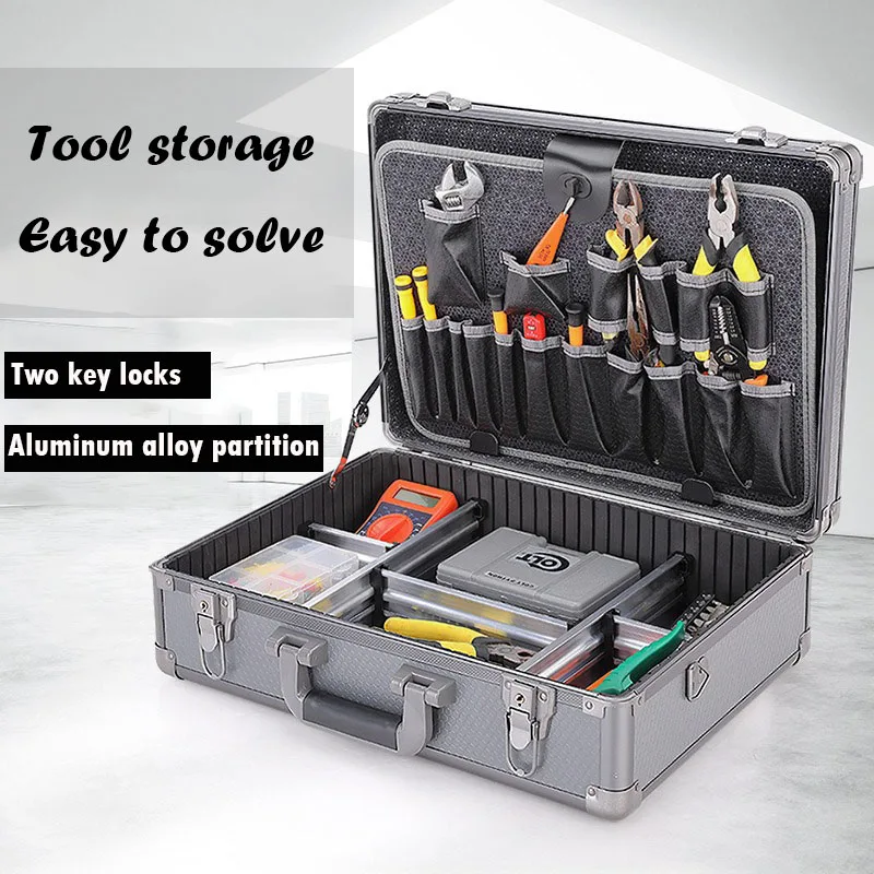 Complete Tool Box Multi-purpose Hard Aluminum Organizer Suitcase Tool Electricians Accessories Parts Storage Case Set with Lock 4