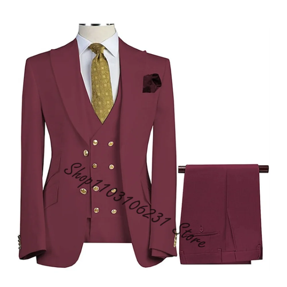 Burgundy Men 3 Piece Suits For Men Custom Made Groomsmen Tuxedos Wedding Male Suits Slim Fit Terno Masculino (Jacket+Pants+Vest)