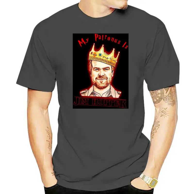 thumbnail image 1 of Camiseta Stranger tee Things My Patronus Is Jim Hopper, camiseta negra de algodón para hombre, tallas S-6XL, 1 of 5