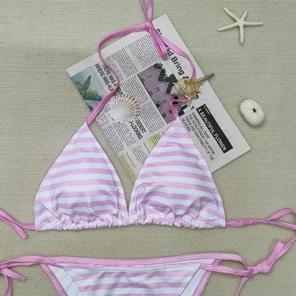 2025 Sexy Holiday Beach Style High-value Pink and White Striped Printed Swimsuit Bikini Babes Hot Spring Vacation Ins Girl 2