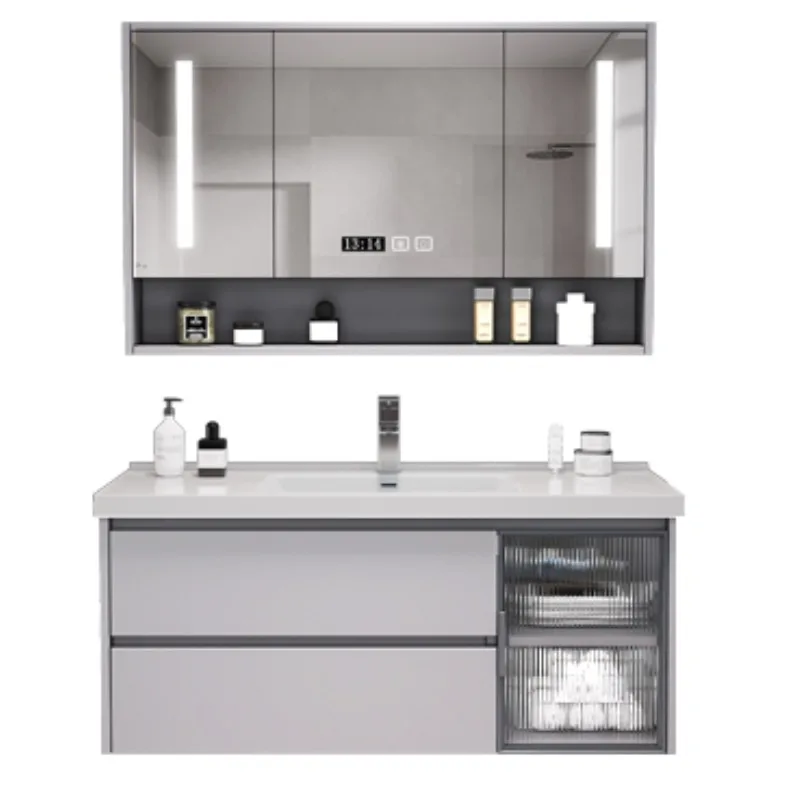 Light luxury solid wood smart bathroom cabinet combination bathroom washbasin ceramic integrated basin