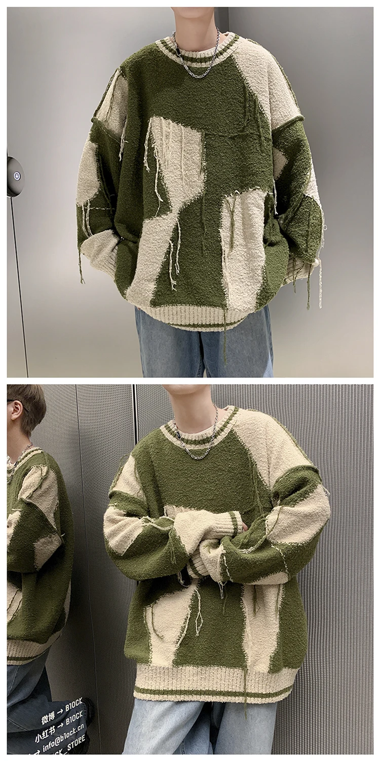 Description Picture 5 of item2024 Men Autumn Winter New Oversize Loose Pullover Top Male Casual Knitted Jumpers Mens Streetwear Patchwork Sweater Tops S179