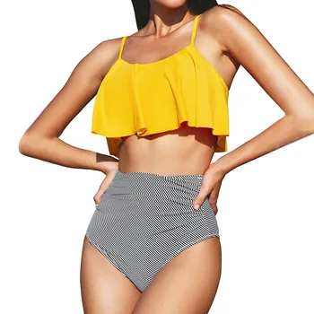 2024 New Bikini Set Ruffled Top Stripe Bottom Swimsuit Sexy Women Bikinis High Waisted Beachwear Fashion Female Bathing Suit