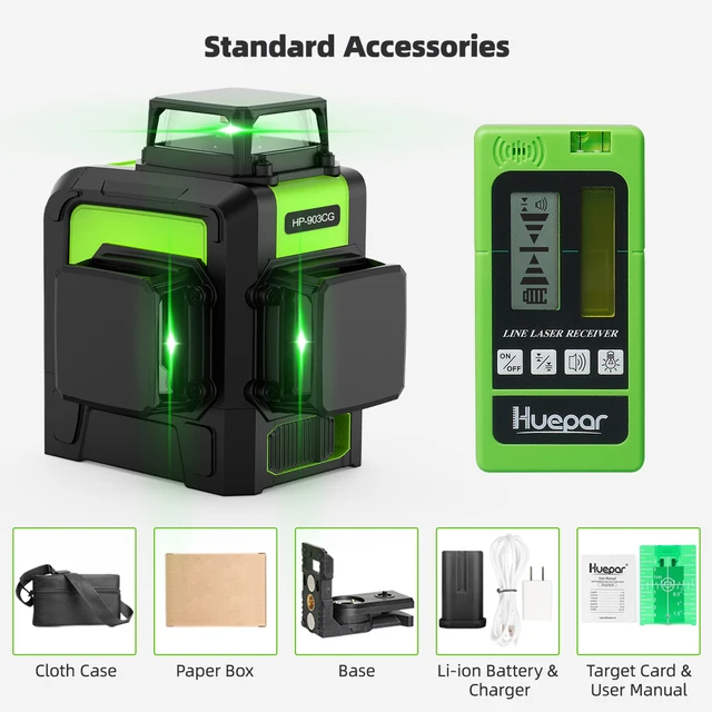 Huepar 12 Lines 3D Cross Line Laser Level Kit Osram Green Laser Beam SelfLeveling 360 Vertical