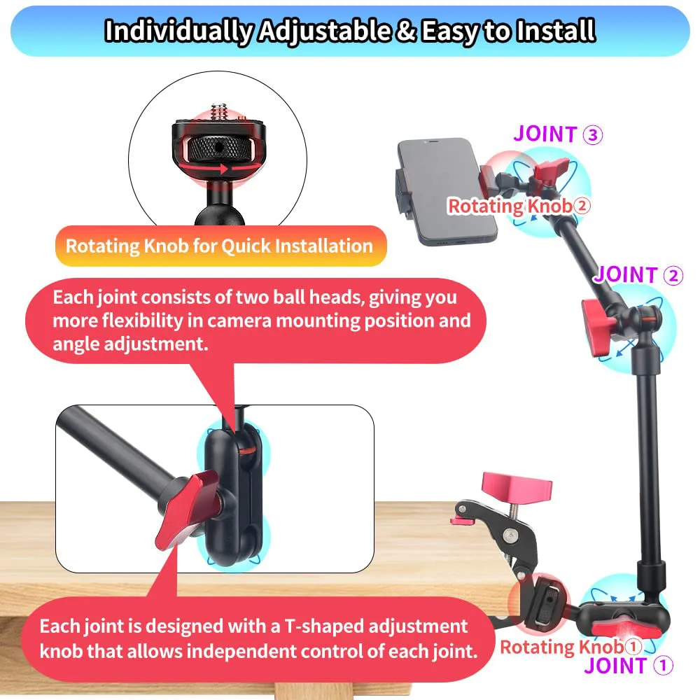 22 inch 57cm adjustable magic arm with super clip camera bracket hinged arm friction magic camera installation with 1/4 inch camera bracket