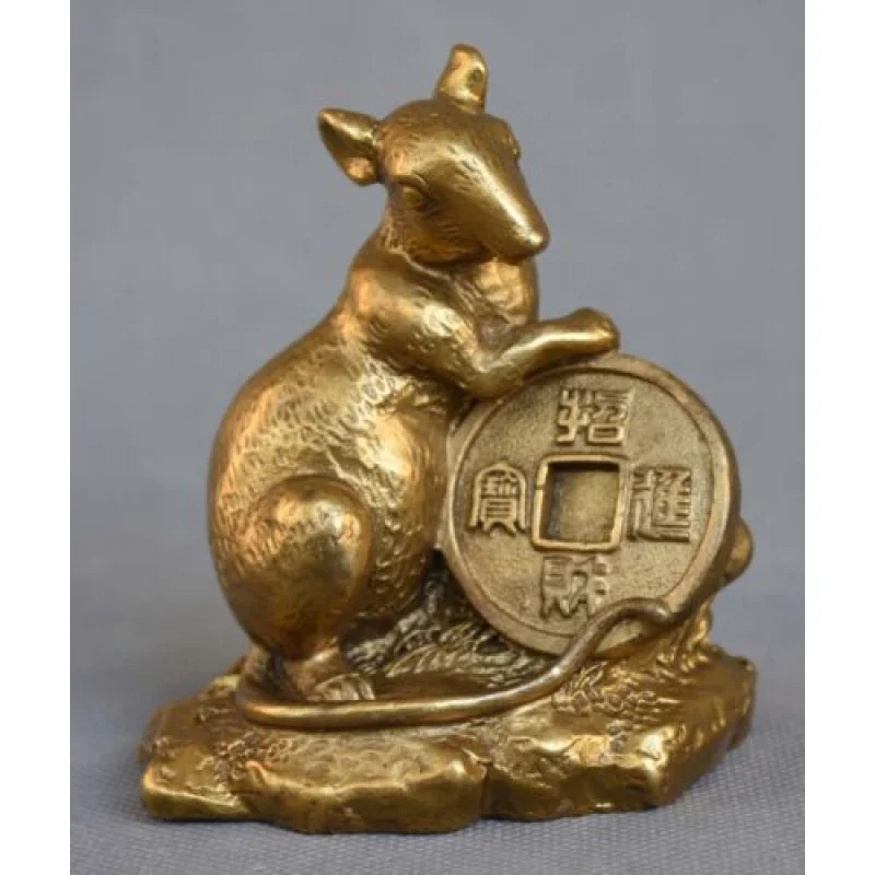 

Chinese Feng Shui Pure Copper Brass Fortune Coin Ingot Lucky Zodiac Mouse Statue