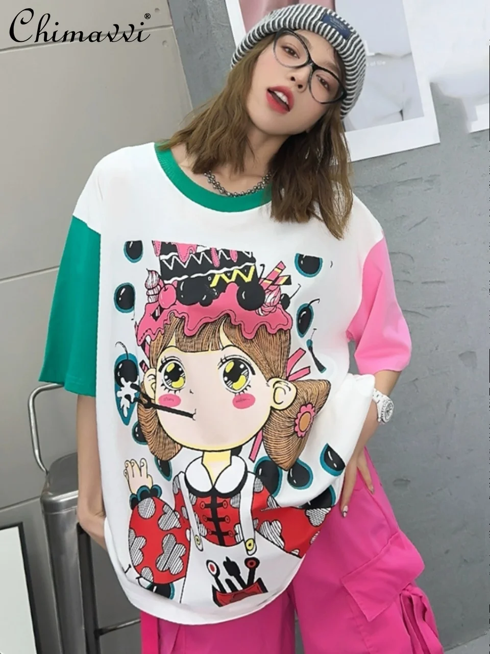 

European-Style Large Loose Casual Cartoon Girl's T-shirt 2024 Summer New Fashion Contrast Color Stitching Short Sleeve Tees Tops