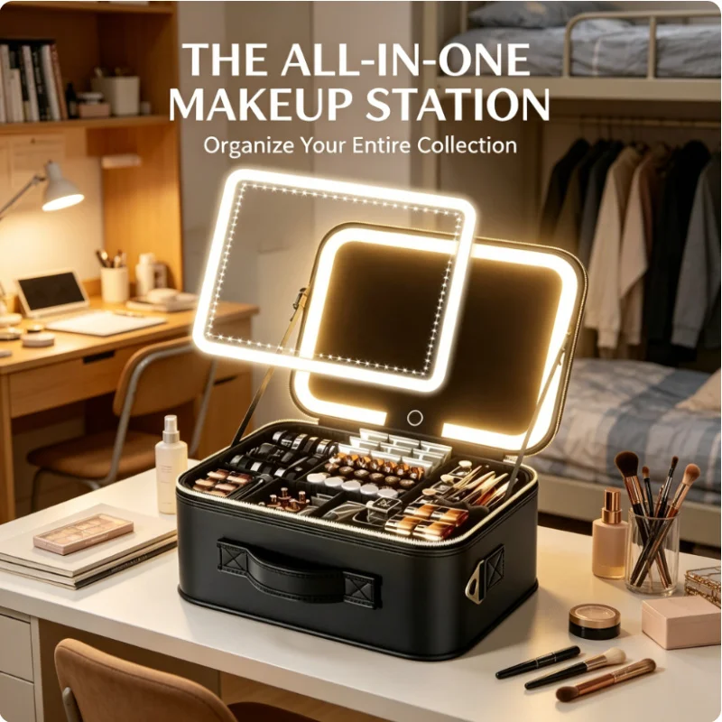 Portable LED Makeup Bag with Mirror Large Size Travel Cosmetic Case Multifunctional Beauty Organizer for Ladies