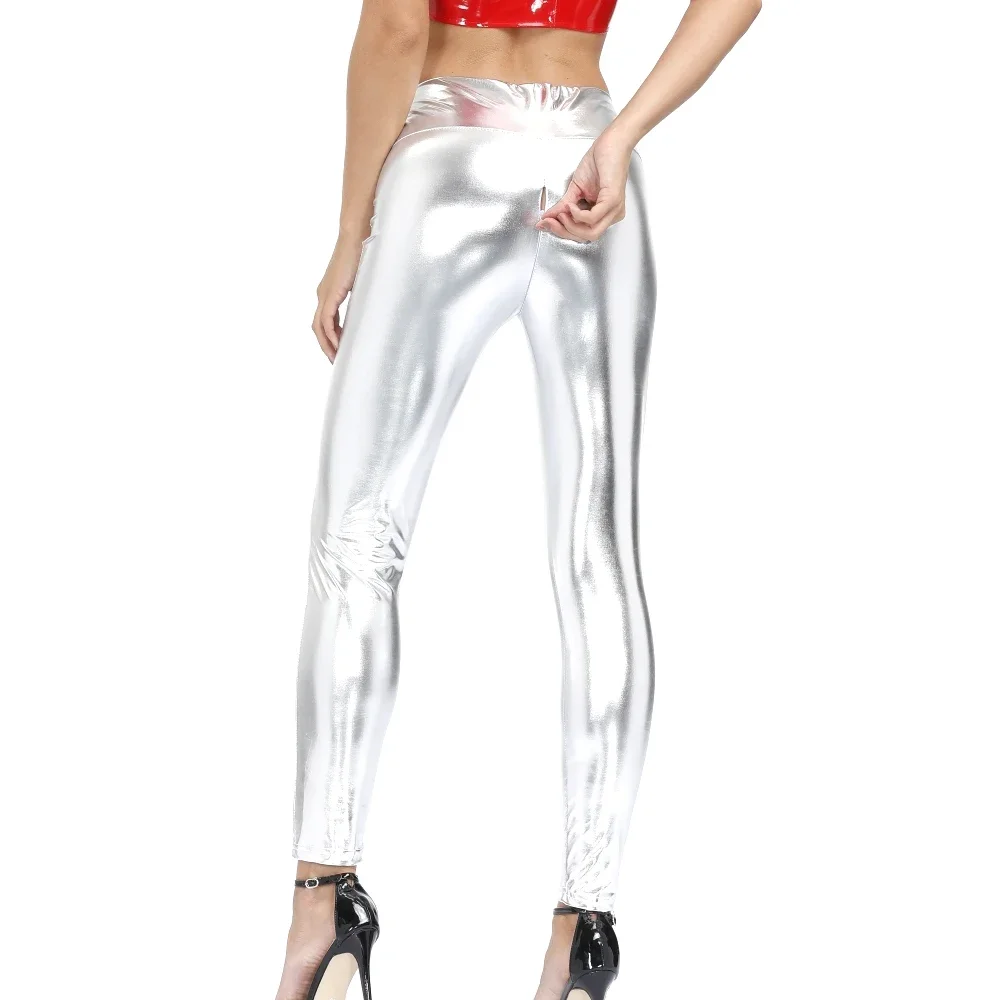 Women Faux Leather Skinny Leggings Pants Shaping Hip Push Up Long Pants Sexy Zipper Open Crotch Tights PU Leather Gym Leggings