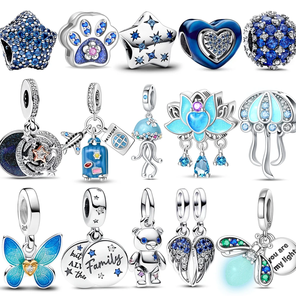 925 Sterling Silver Galaxy Heart Medallion Charm silver charm jewelry Blue Butterfly Charms For Women Necklace DIY Jewelry For Original Bracelet