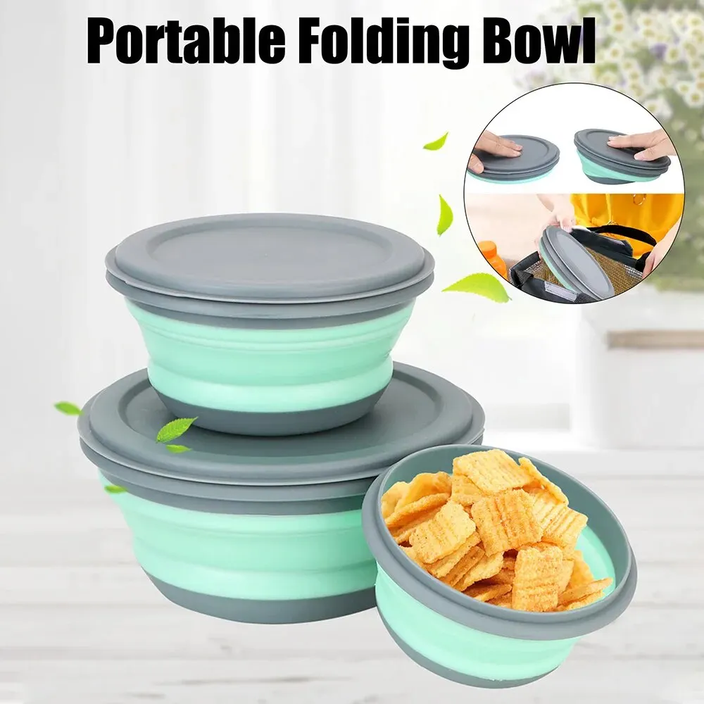 3PiecesSiliconeFoldingBowlswithLidFoldableLunchBoxPortable