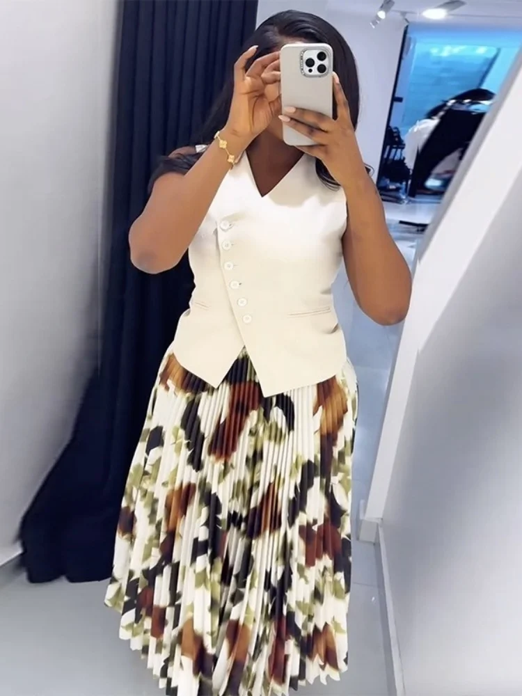 Wmstar 2025 New Women Fashionable Summer Long Refreshing Sweet Dress Sets V Neck Button Waistcoat Printed Pleats Zipper