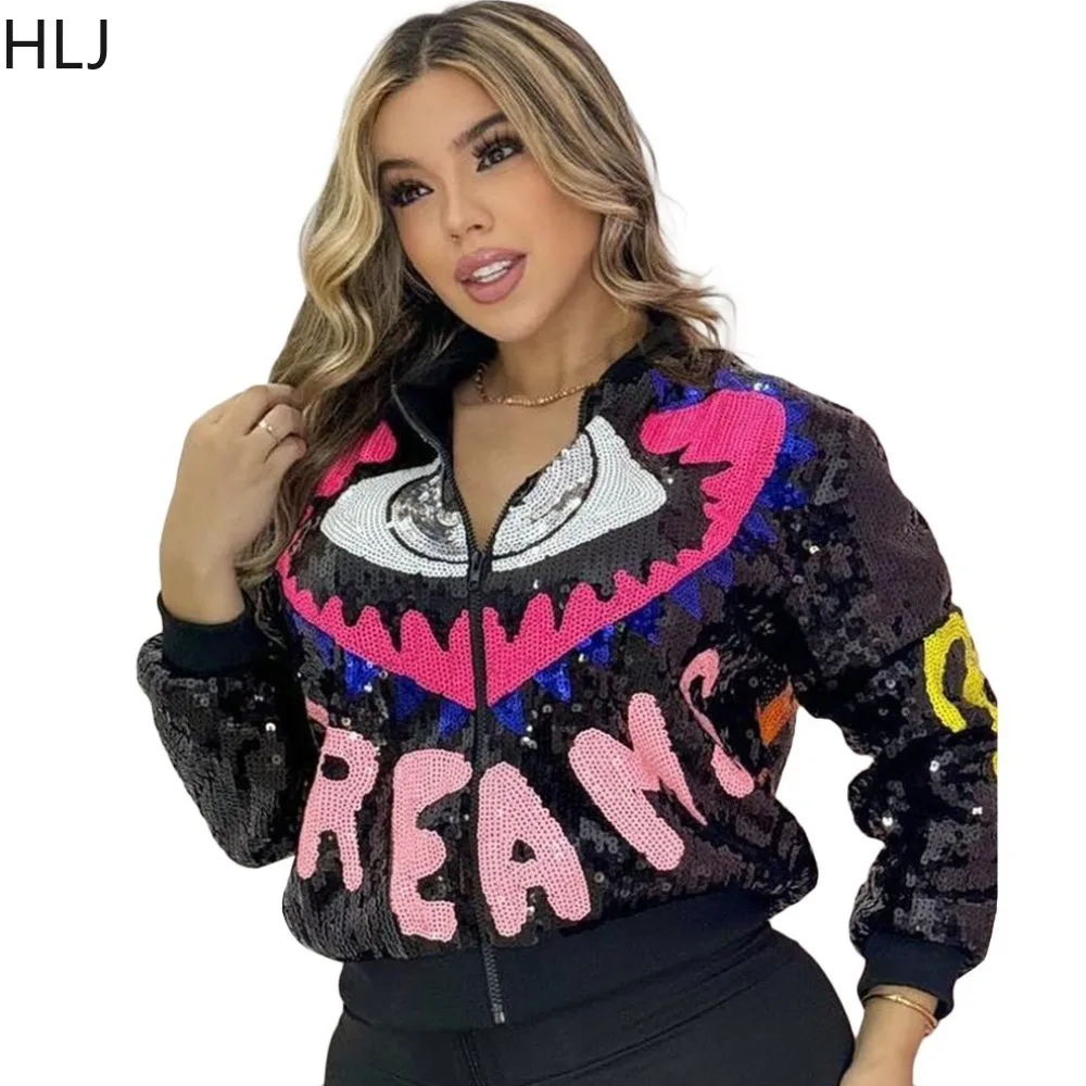 

HLJ Fashion Letter Printing Sequin Coats Women V Neck Zipper Long Sleeve Slim Jacket Casual Female Sparkling Party Club Top 2024