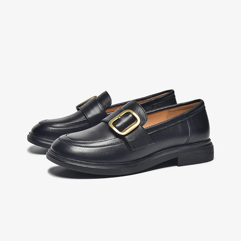 

Loafers Women Genuine Cow Leather Round Toe Slip-on Metal Buckles Decoration Flats Ladies Office Shoes Handmade AC1020