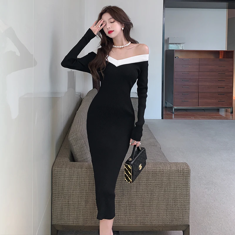 

Sexy One Shoulder Women's Knitted Dress Autumn New Elegant Black Full Sleeve Mid-length Sweater Dresses Bodycon Party Robe T172