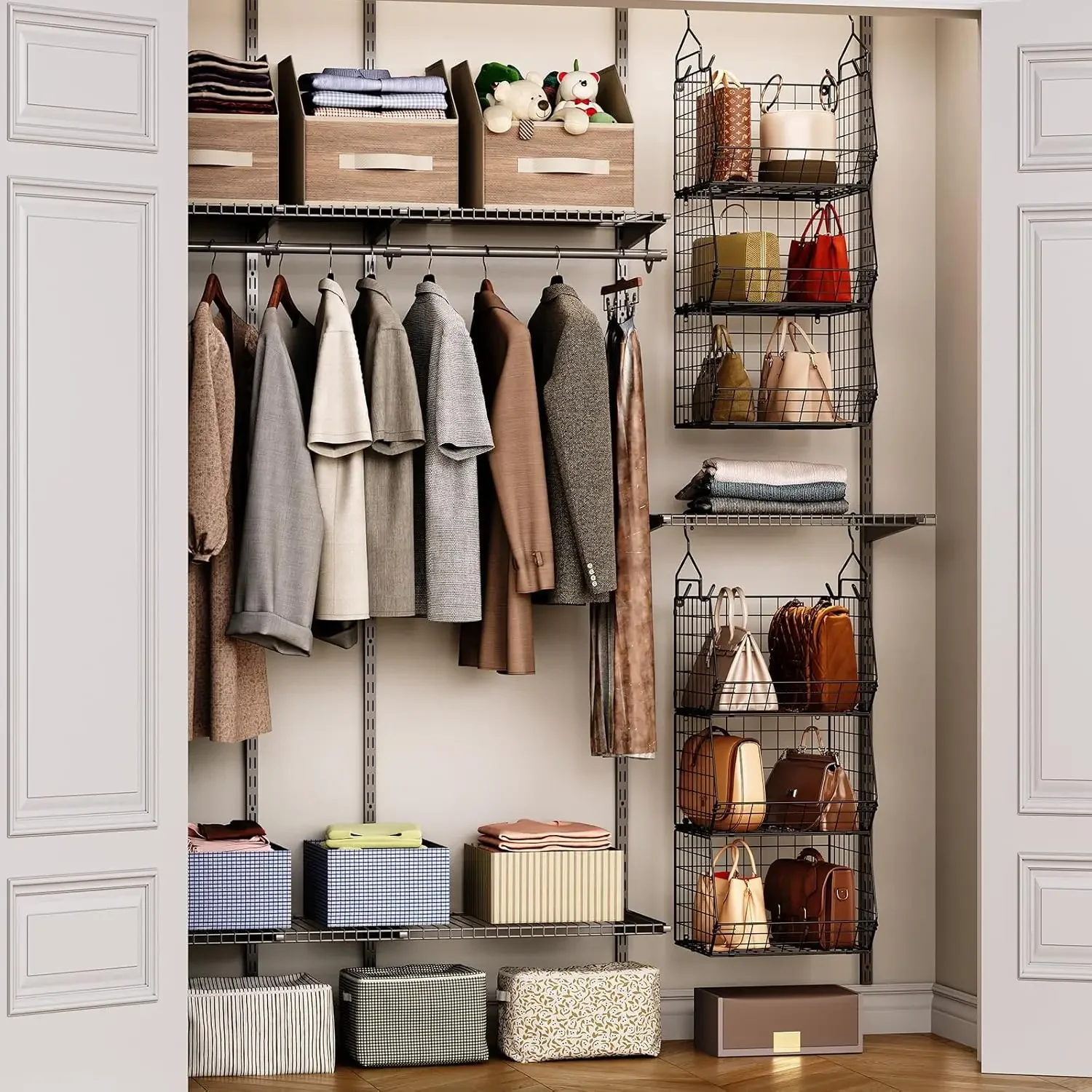 6 Tier Closet Hanging Organizer, Clothes Shelves with 2 Pair Hooks,5 S Hooks, Wire Storage Basket Bins, for Clothing Sweaters 4