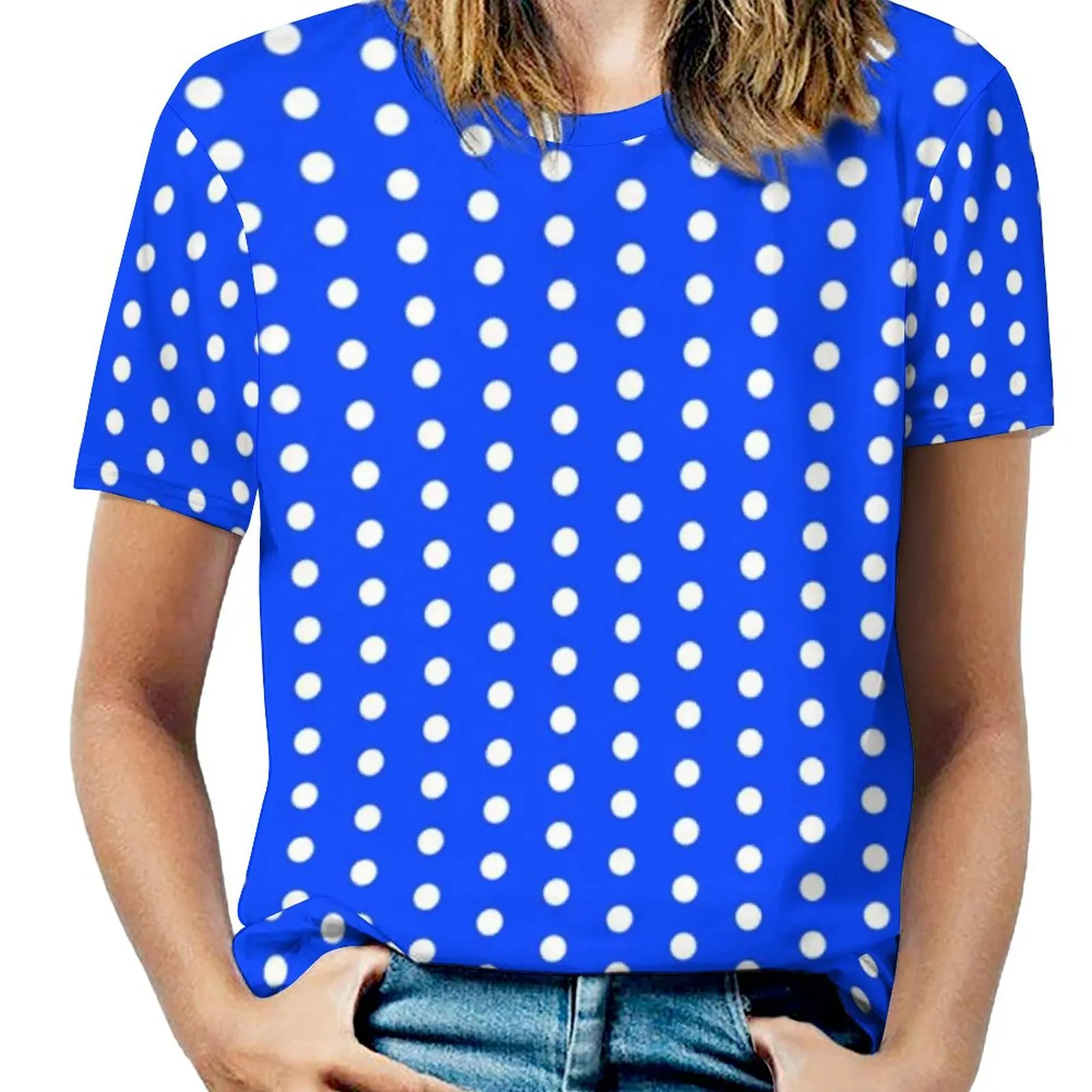Blue White Polka Dot T-Shirts Vintage Pattern O Neck Simple