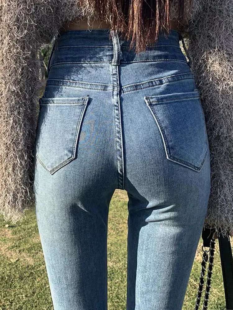 Calça jeans lápis vintage de cintura alta, moda streetwear casual - Main Image