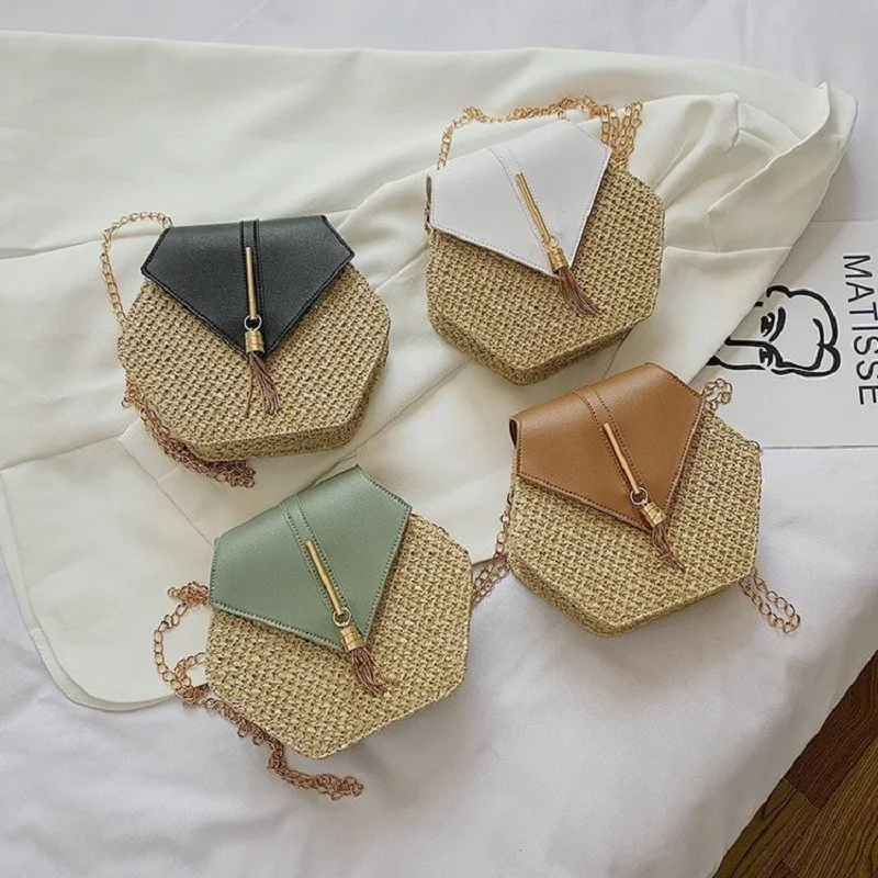 Women Shoulder Bag Hex-shape Mulit Style Straw + leather Handbag Summer Rattan Bag Handmade Woven Beach Circle Bohemia women shoulder bag