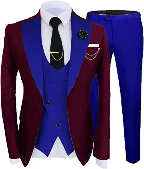 Burgundy Black Mens Suits  Fashion Slim Fit 3 Piece Wedding Tuxedos Elegant Party Blazer Vest Pants Set