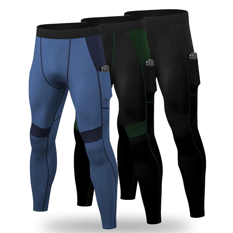 Men Patchwork Compression Running Tights Trousers Phone Pocket Elastic Leggings Fitness Gym Bodybuilding Long Pants