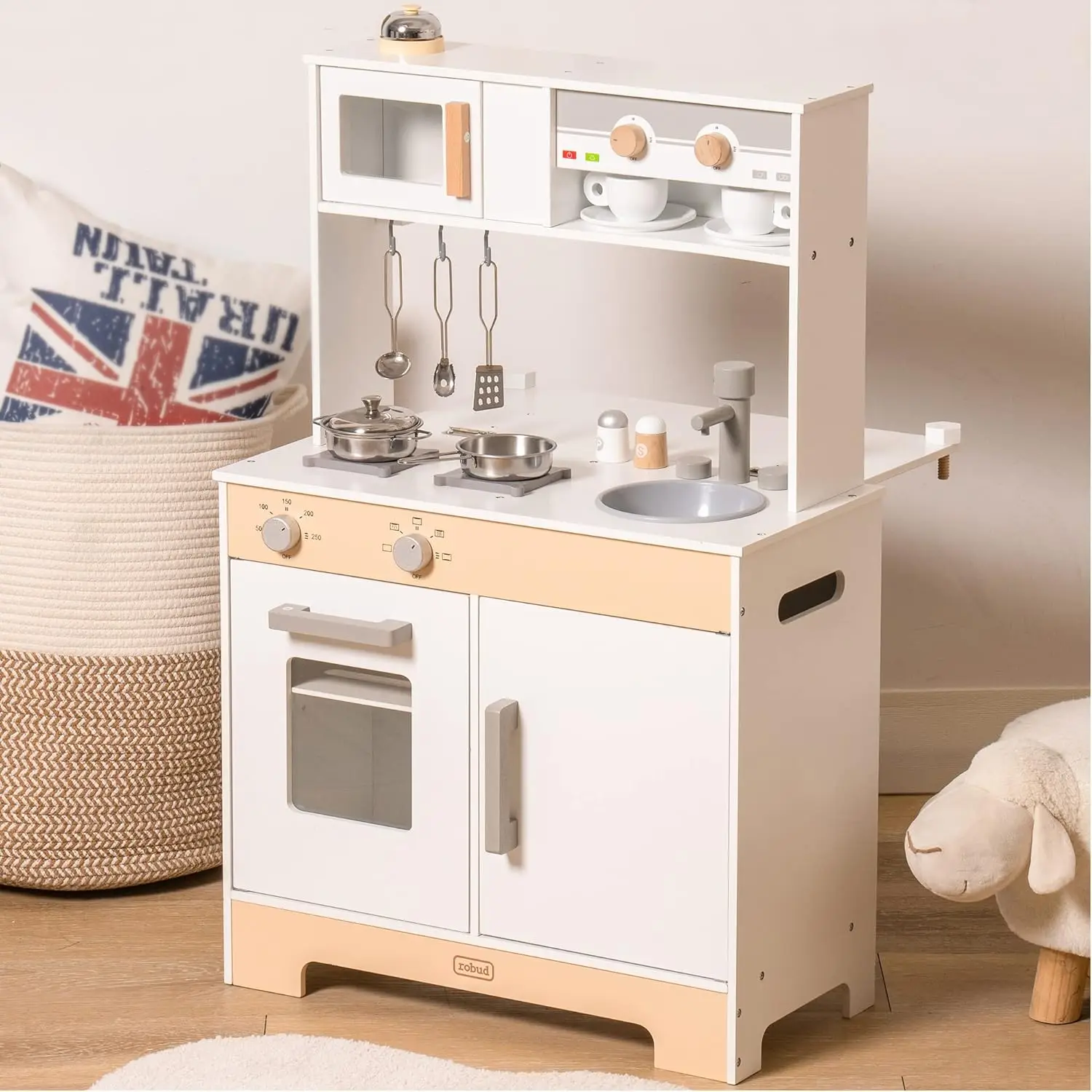2 in 1 Play Kitchen for Kids Wooden Chef Pretend Play Kitchen Playset with Sounds Food Cookware Accessories Set for Boys Girl