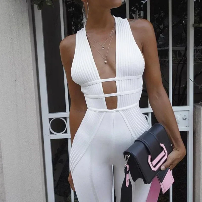 Summer Sleeveless Backless Skinny Rompers white Womens Jumpsuit Sexy Hollow Out Bodycon Jumpsuit Cotton Women Party Playsuit sexy see through mesh rhinestones women s jumpsuit spring sleeveless elegant skinny rompers black white red party club bodysuits