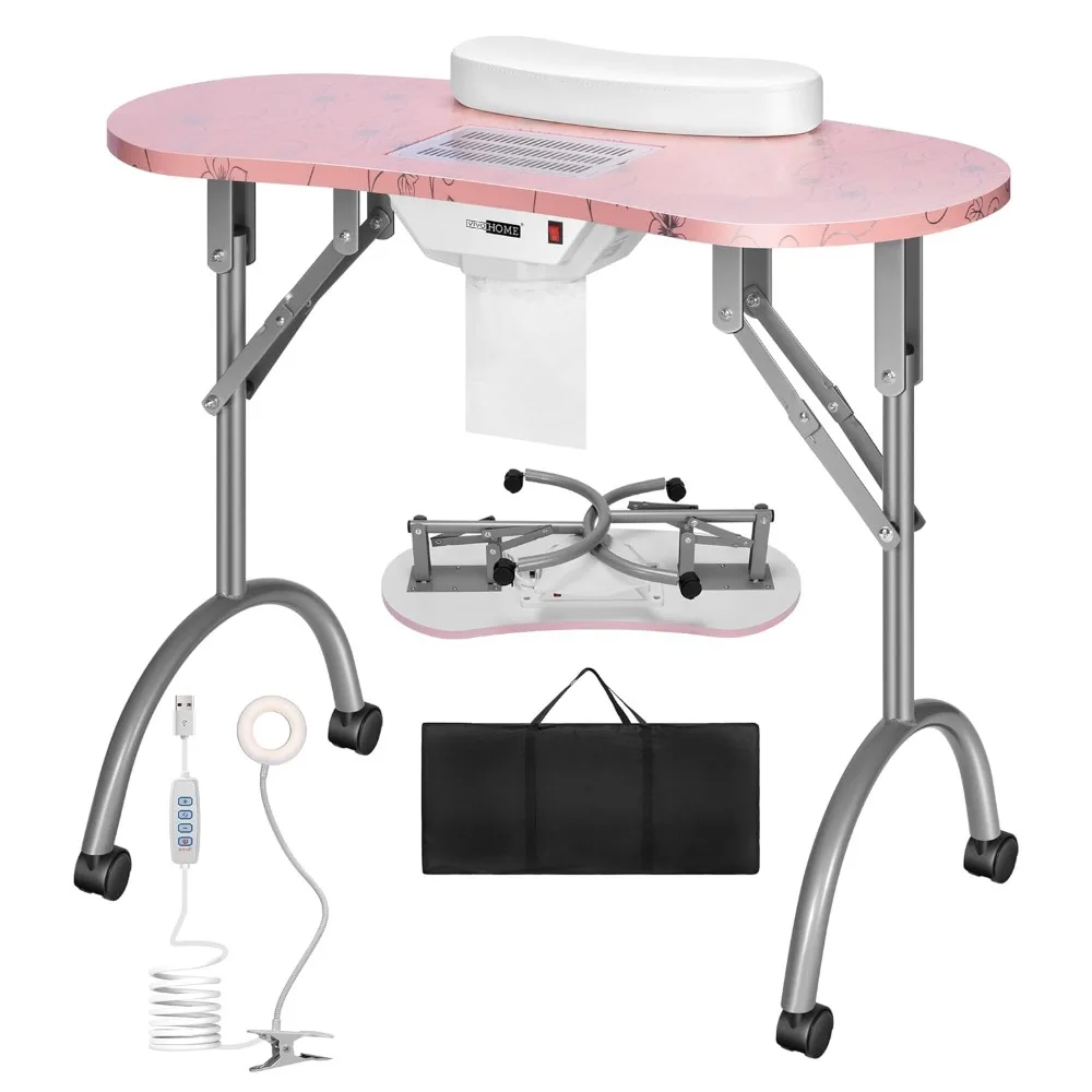 VIVOHOME Portable Manicure Nail Table on Wheels with Built-in Dust Collector, Updated USB-Plug LED Table Lamp, Carry Bag for