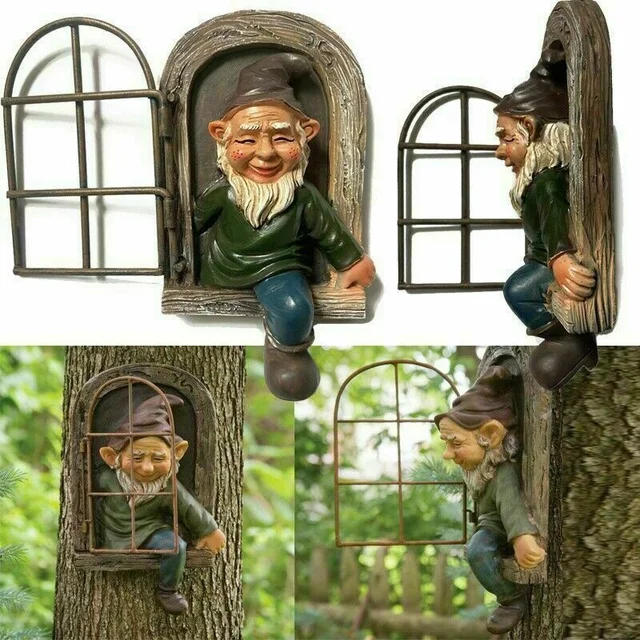 Elf Out Az Ajtó /Ablak Fa Ölelő Szemtelen Kerti Gnóm Szoborfa Dekoráció - Image 3