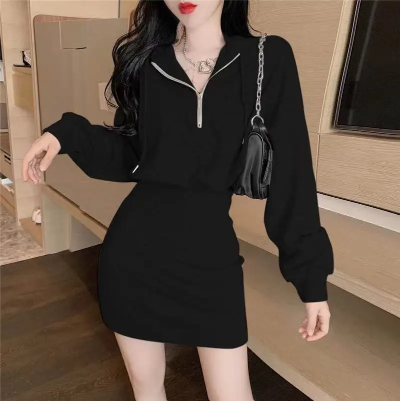 

Autumn and Winter New Long-sleeved Hooded Skirt for Women Waist Slim Female Sport Style Sweet Fresh Dress Hot Girl Mini Skirt