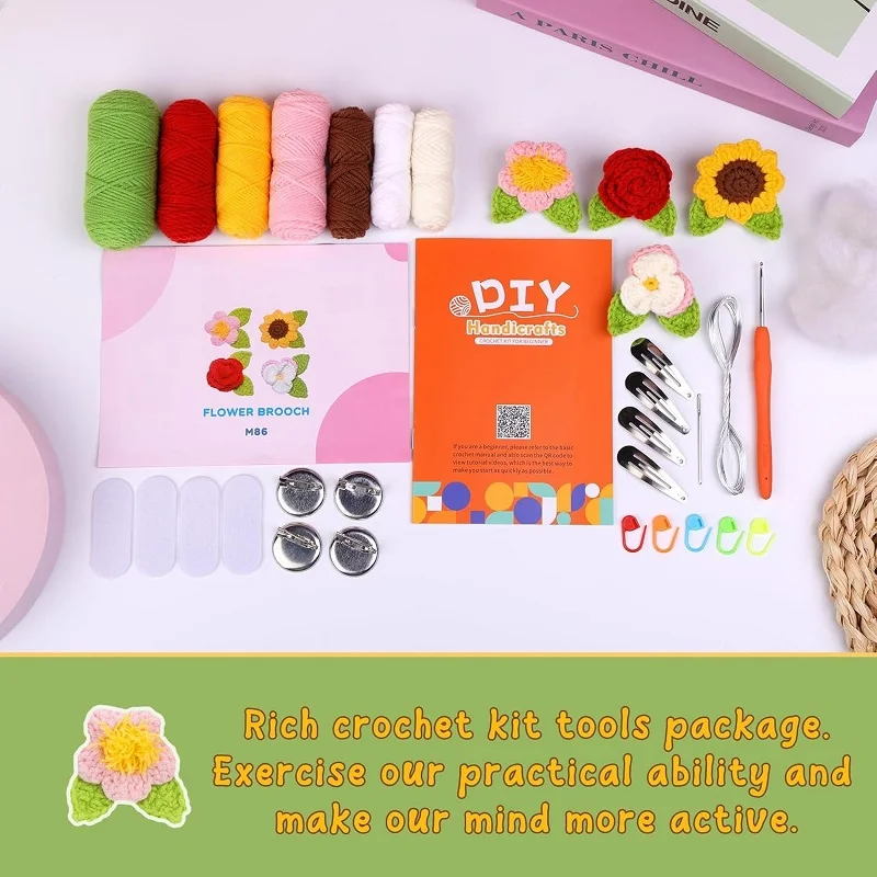 4Pcs Deco Flowers Crochet Kit for Beginners Crochet Craft Kits for Adults Include Hook Tools Supplies and Tutorials
