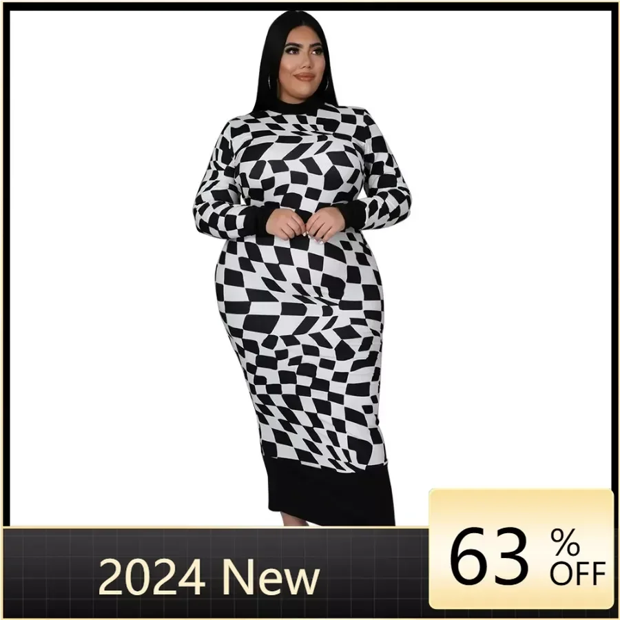 Plus Size Women Autumn&Winter Mock Neck Long Sleeve Skinny Geometric Pattern Elastic Ankle Length Plaid Print Bodycon Dress breezy tassel detail mixed pattern flare sleeve cotton viscose fabric mid length dress 2022 new fashion women clothing